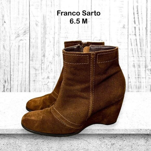Franco Sarto Brown Suede‎ Zip Wedge Ankle Bootie Womens Size 6.5 M - Picture 1 of 10